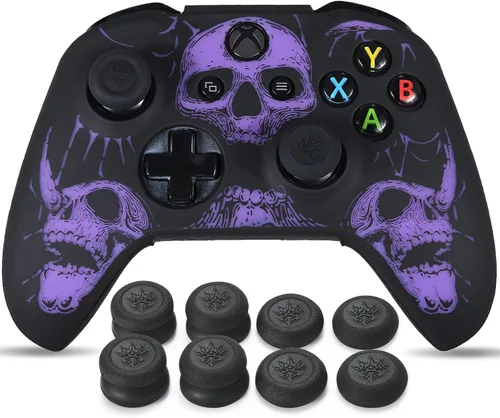 1 funda de silicona tallada con láser para Xbox One SX Controller (calaveras púrpura) con empuñaduras exclusivas para el pulgar x 8