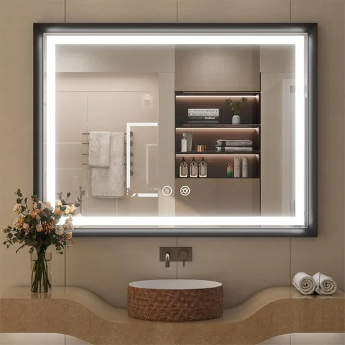 Espejo LED de 40 x 30 pulgadas para baño, 3 temperaturas de color (3000 K/4500 K/6000 K), antiniebla, regulable, función de memoria, espejo de baño