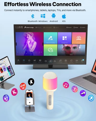 Vista 4 de Micrófono de karaoke inalámbrico Bluetooth con luces dinámicas, micrófono de mano portátil, 6 efectos de sonido, batería de 10 horas, perfecto