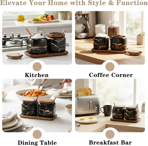 Vista 6 de EIMQUVW Juego de 2 tarros de cerámica de mármol para condimentos, cuencos de sal de azúcar y condimentos con tapas de madera, cuchara de madera