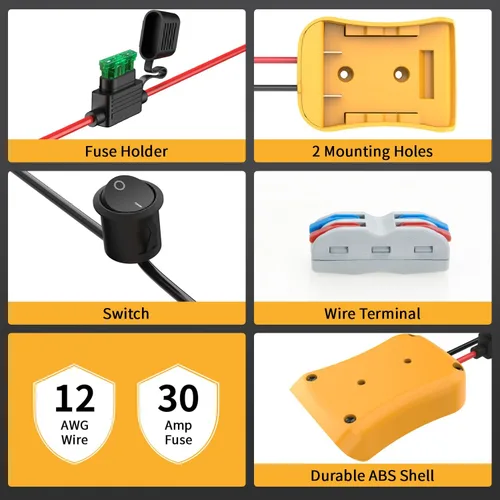 Vista 2 de Kzreect Paquete de 2 adaptadores para ruedas eléctricas compatibles con batería Dewalt 20V, kit convertidor con portafusibles, interruptor