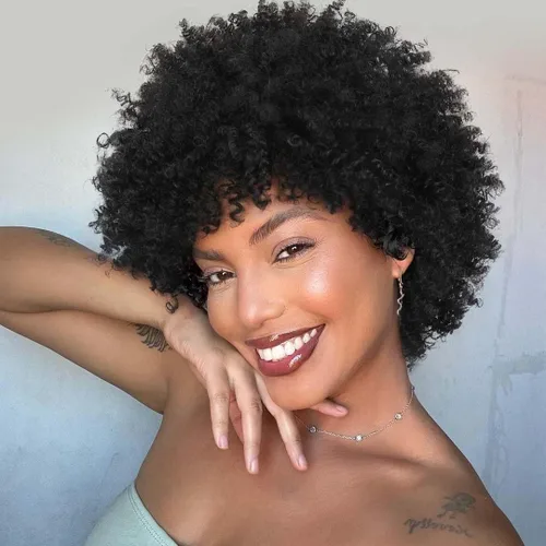 Vista 12 de Peluca afro rizada con flequillo, peluca corta rizada para mujer, peluca sintética rizada marrón degradado, longitud al hombro, peluca afro sin