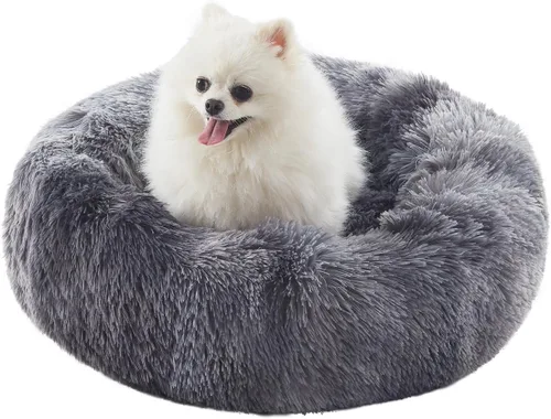Vista 35 de Cama para perros pequeños con forma de dona de 23 pulgadas – Cama redonda calmante lavable para cachorros con funda extraíble, cama de felpa