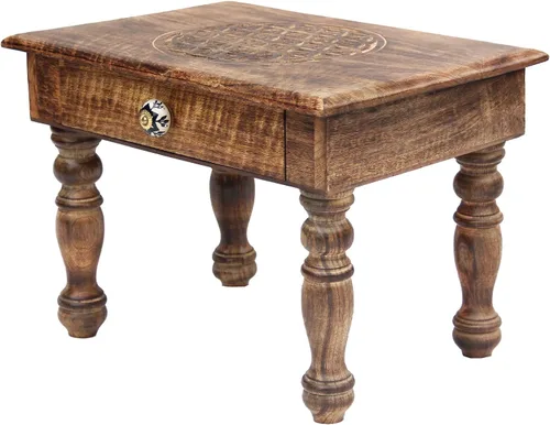 Vista 14 de DharmaObjects Mesa de meditación de altar de altar de oración tallada a mano de madera maciza de mango (Yin Yang) grande