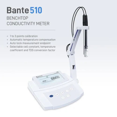 Vista 2 de Medidor de conductividad de sobremesa Bante 510 Medidor TDS de conductividad de laboratorio Equipado con 2 electrodos de platino Rango