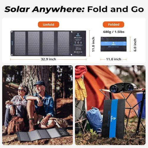 Vista 6 de BigBlue Cargador de panel solar de 28W con USB-C dual y USB-A, cargador solar portátil para teléfono para acampar, hacer senderismo, hacer mochila