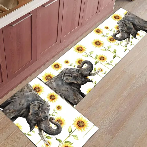 Vista 7 de SEVENBABU Kitchen Mat and Rug Set of 2 Non Slip Floor Mats Happy Elephant Sunflower Watercolor Background Absorbent Rug Set Sink Kitchen Mats