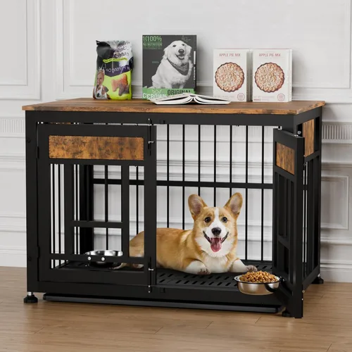 Vista 2 de Muebles de jaula para perros, mesa auxiliar oculta de 38 pulgadas con bandeja extraíble, marco de metal grueso, jaula de perro de doble propósito