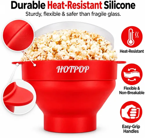 Vista 7 de El Hotpop Original - Palomitero para microondas, Popcorn, contenedor de silicona para hacer palomitas de maíz, cuenco plegable sin BPA y apto