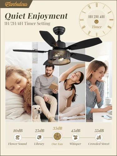 Vista 6 de Ventiladores de techo estilo granja con luces y control remoto, ventiladores de techo industriales negros enjaulados de 42 pulgadas para sala
