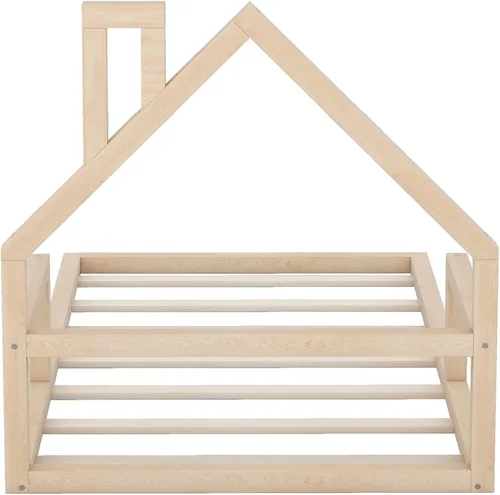 Vista 12 de P PURLOVE Base de cama de tamaño matrimonial con cabecera en forma de casa, plataforma de madera para casa, cama de tamaño matrimonial con soporte