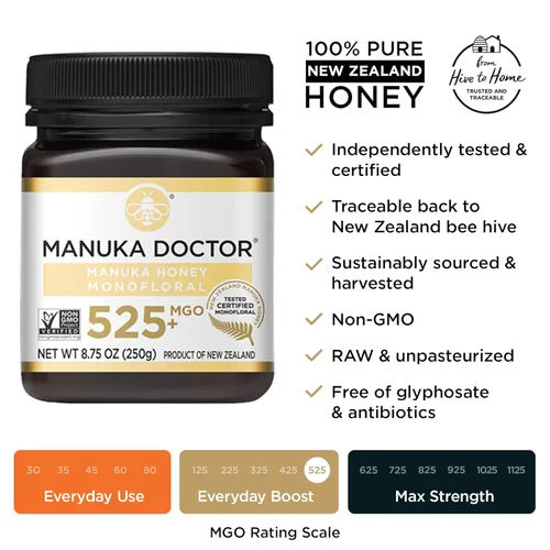Vista 4 de MANUKA DOCTOR - MGO 80+ Multifloral SQUEEZY y MGO 525+ Monofloral Manuka Honey Value Bundle, 100% miel de Nueva Zelanda pura. Certificado.