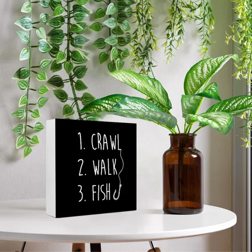 Vista 3 de Cartel de madera rústica de pez de gateo negro, divertido bloque de madera para bebé, decoración de escritorio para el hogar, dormitorio, habitación