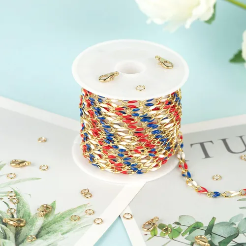 Vista 6 de YOUBEIYEE Cadena chapada en oro para hacer joyas, bandera estadounidense, cadena de cable esmaltada de color para mujer, collar, pulsera, cadenas