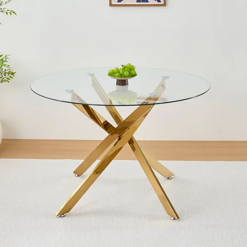 Vista 8 de Mesas de comedor redondas de 36 pulgadas, mesa de comedor moderna de cocina con base de metal cromado dorado, mesas de comedor redondas de vidrio