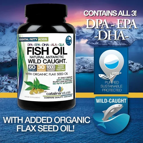 Vista 7 de Aceite de pescado antártico salvaje con aceite de semilla de lino orgánico - Omega 3-6-9 ultra puro con EPA-DHA-DPA-GLA-ALA, sabor vainilla claro