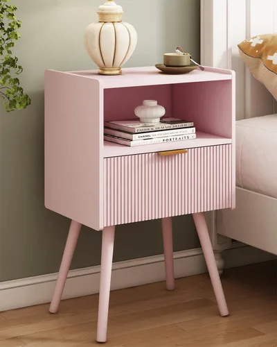 Vista 19 de JOONEE Mesita de noche negra, moderna mesita de noche con cajón de almacenamiento y estante de madera abierta, para sala de estar, dormitorio