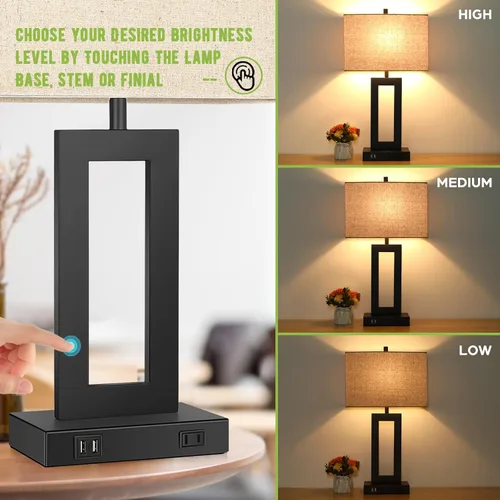 Vista 4 de TOBUSA 28’’ Tall Lamps for Living Rooms Set of 2, Modern Black Touch Control Table Lamps for Bedroom, 3 Way Dimmable Bedside Lamps with 2 USB