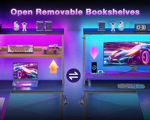 Vista 7 de ODK Escritorio en forma de L de 43 pulgadas con iluminación LED, escritorio reversible para juegos con tomas de corriente, mesa de computadora