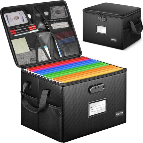 DEEGO Caja de documentos ignífuga, caja organizadora de archivos resistente al agua con cerradura para documentos, organizador de archivos plegable