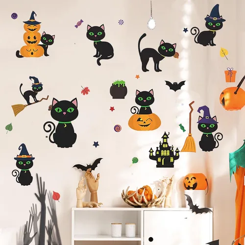 Vista 2 de Calcomanías de pared de Halloween, lindos gatos, calabaza, murciélago, cementerio, castillo, decoración del hogar, arte de pared extraíble