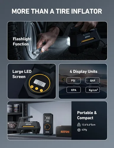 Vista 7 de AstroAI - Inflador de neumáticos - Compresor de aire portátil para neumáticos de auto - Bomba automática de 12 V CC con manómetro digital, con luz