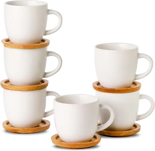 Vista 17 de Juego de 6 tazas de café expreso y platillos de Hasense, tazas demitasses con asa para bebidas de café, café con leche, capuchino, café moca y té