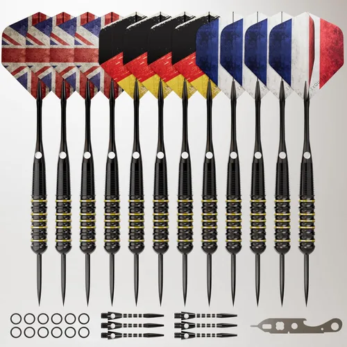 Vista 2 de CC-Exquisite Juego de dardos Dardos profesionales de 12 X 20/22g con punta de metal Dardos de punta de acero con 24 vuelos y 18 ejes de aluminio