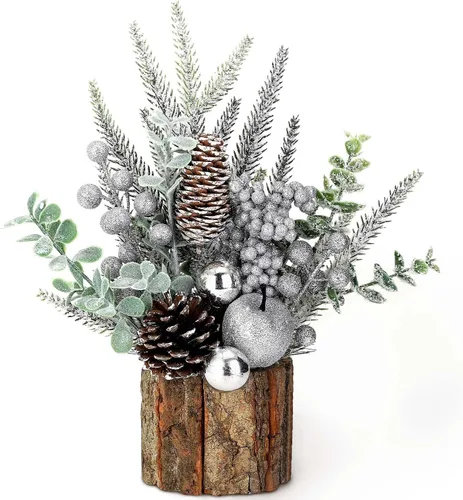 Vista 12 de Pequeño árbol de Navidad de mesa artificial, mini decoraciones de árbol de Navidad con adornos navideños, bayas rojas, piñas, vegetación para hogar