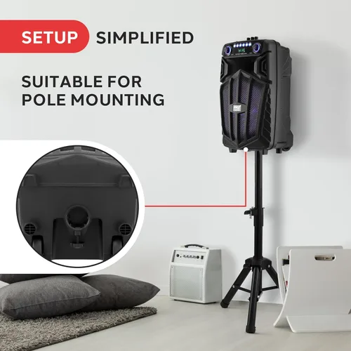 Vista 4 de Pyle 680W Altavoz PA Bluetooth portátil - Altavoz de karaoke recargable de 10" para exteriores, sistema de audio con micrófono inalámbrico y ruedas