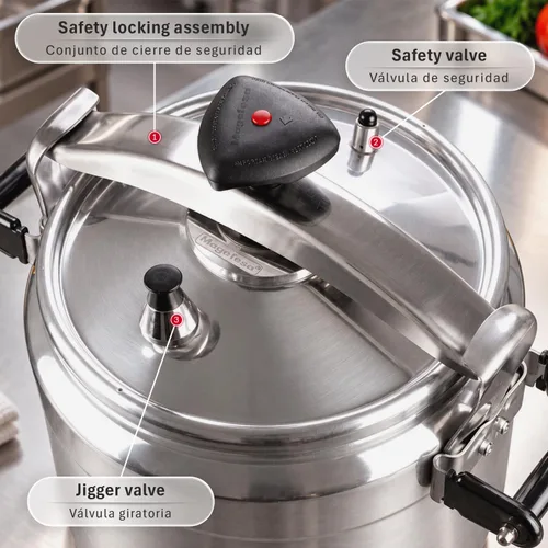 Vista 7 de MAGEFESA Chef - Olla a presión de aluminio de 16 cuartos de galón, tapa de acero inoxidable, base de termodifusión, 3 sistemas de seguridad, cocción