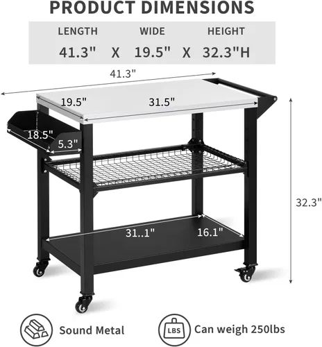 Vista 3 de Polar Aurora Carrito de parrilla móvil de tres estantes para exteriores, soporte para horno de pizza, mesa multifuncional de preparación