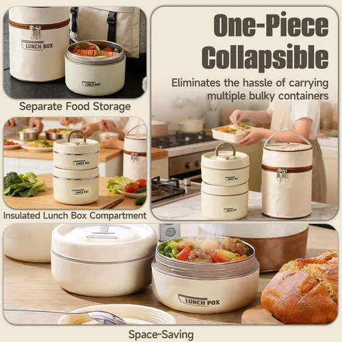Vista 3 de Juego de recipientes de almuerzo aislados de 4 niveles, caja Bento apilable de acero inoxidable con bolsa de almuerzo aislada, recipientes