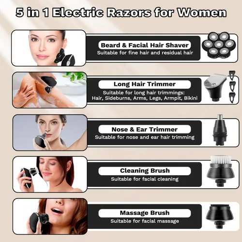 Vista 3 de Maquinillas de afeitar eléctricas para mujer, afeitadora eléctrica 7D para mujer, afeitadoras 5 en 1, recortadora de bikini húmeda/seca, afeitadora