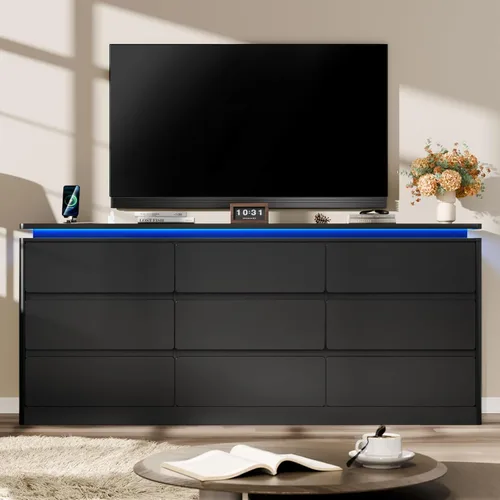 Vista 7 de Cómoda de 9 cajones para dormitorio, cómoda negra de 63 pulgadas de largo con estación de carga y luces LED, diseño curvado anticolisión, gabinete