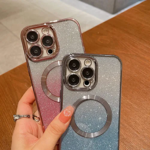Vista 4 de Compatible con iPhone 14 Pro Max - Funda magnética Gardient con purpurina, bonita funda con MagSafe para mujeres y niñas, protector completo