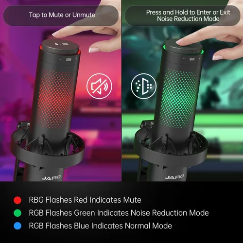 Vista 3 de JARO Micrófono condensador USB con patrón multipolar con cancelación de ruido silenciosa RGB para podcasting, juegos, transmisión, YouTube, Zoom