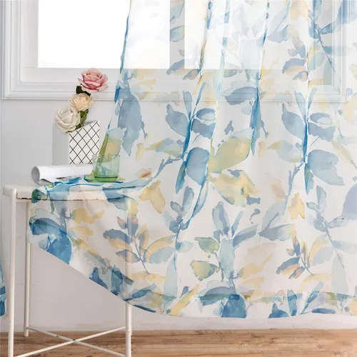 Vista 14 de VISIONTEX Cortinas transparentes con estampado de gasa, estilo abstracto europeo, estampado de hojas azules y amarillas, 2 paneles para decoración