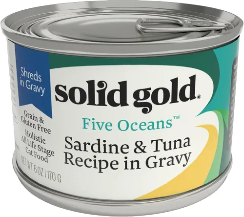 Vista 25 de Solid Gold comida húmeda para gatos desmenuzada con salsa - Alimento enlatado para gatos hecho con atún real - Sin granos de los Cinco Océanos