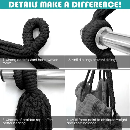 Vista 4 de Silla columpio tipo hamaca, silla colgante con bolsillo, barra de soporte de acero desmontable, capacidad de 500 libras, silla hamaca de tejido