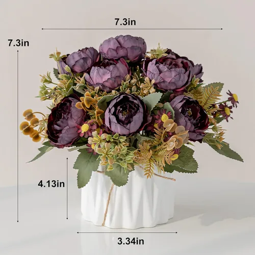 Vista 5 de Hbluefat - Flores artificiales con jarrón, flores de seda artificiales en jarrón de cerámica, pequeño arreglo de flores falsas para decoración
