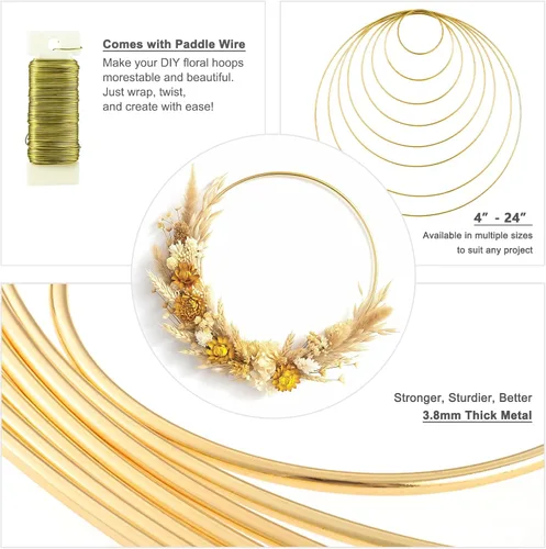 Vista 3 de Paquete de 8 anillos de metal para manualidades de macramé de 4 pulgadas, suministros de atrapasueños de aro floral, centros de mesa para mesa