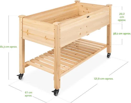Vista 8 de Best Choice Products Cama de jardín elevada de 48 x 24 x 32 pulgadas, maceta móvil de madera elevada con ruedas bloqueables, estante