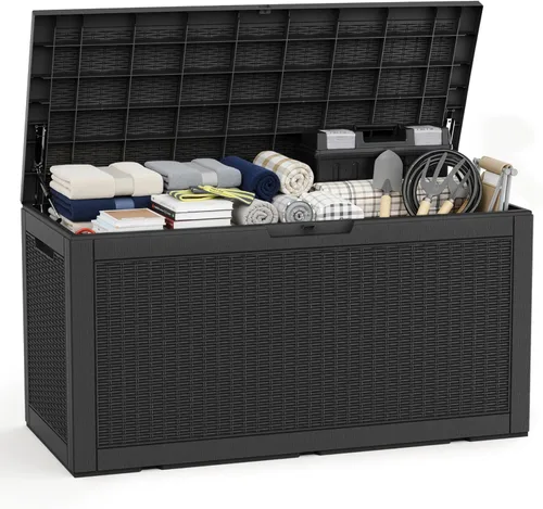 Vista 11 de EasyUp Caja de almacenamiento para exteriores de 90 galones, impermeable, resistente a los rayos UV, con varilla hidráulica, estabilidad reforzada