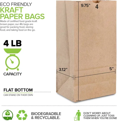 Vista 3 de Stock Your Home Bolsas de almuerzo de papel kraft marrón de 4 libras (500 unidades) – Bolsas de almuerzo desechables a granel, bolsa en blanco