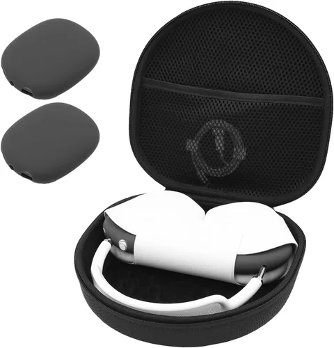 ProCase Funda rígida para AirPods Max, funda de viaje para auriculares con funda de silicona para auriculares y bolsillo de malla, bolsa de Negro