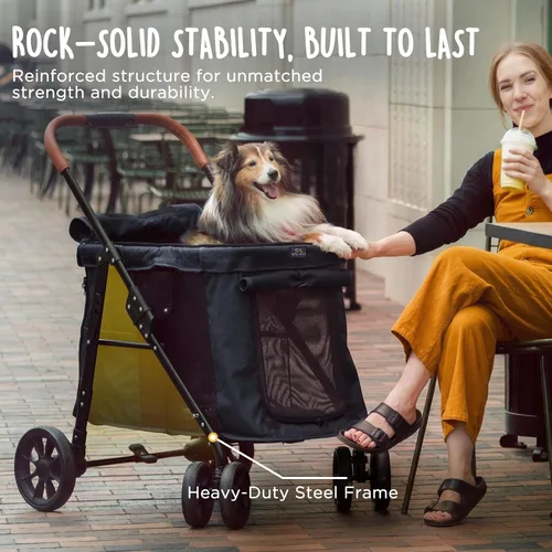 Vista 7 de CANINE CANYON Scout - Cochecito para mascotas, diseño de 4 ruedas para perros pequeños/medianos, plegable con un botón, ventanas y persianas