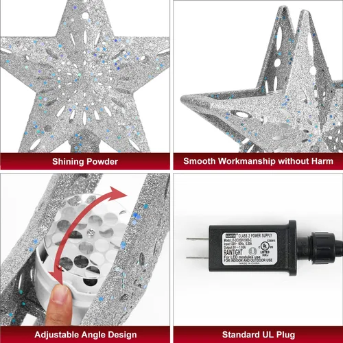 Vista 5 de Decoración para árbol de Navidad iluminada con 6 modos de proyección de patrones, estrella de Navidad, luces giratorias LED integradas, proyector