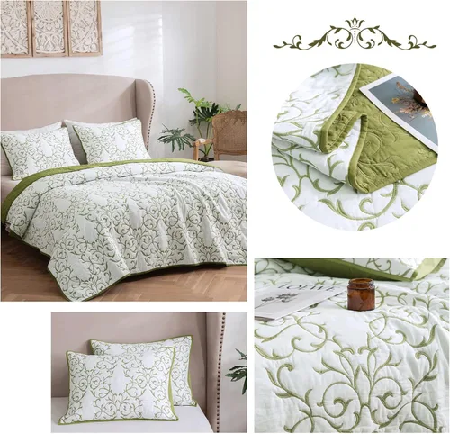 Vista 3 de Mixinni - Juego de colcha reversible de 100 % algodón, elegante diseño bordado, juego de 3 piezas, con fundas decorativas de almohada con bordado
