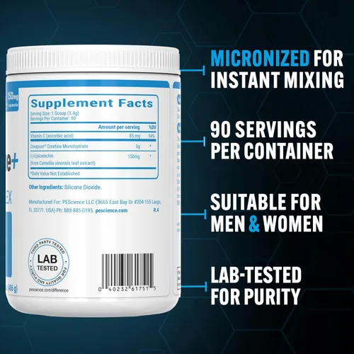 Vista 3 de PEScience TruCreatine+ Polvo de Monohidrato de Creatina Plus Epicatequina, Creatina Micronizada Creapure para Mujeres y Hombres, Apoya